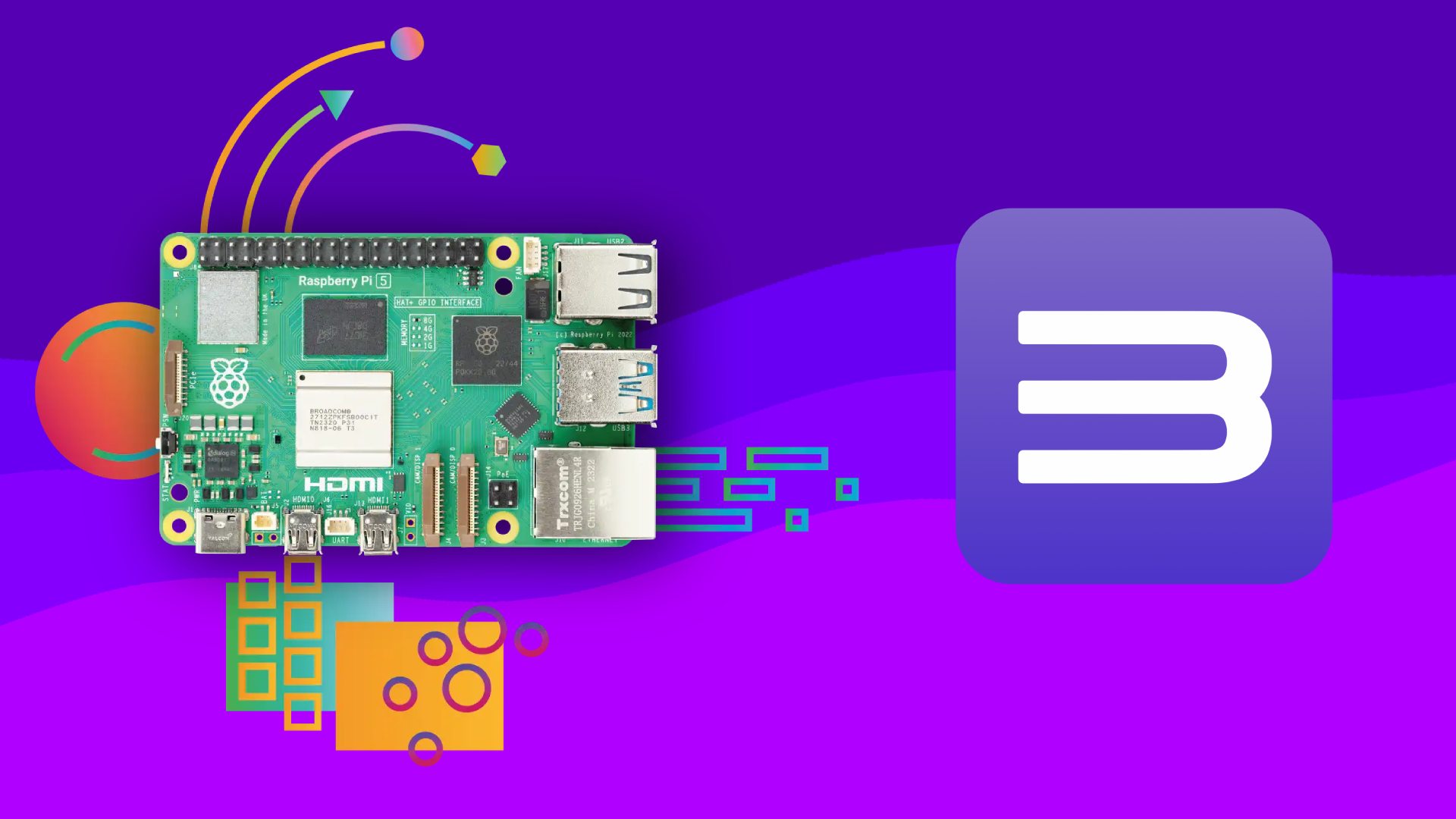 The Raspberry Pi 5 next to the RCPS3 logo on a purple background.