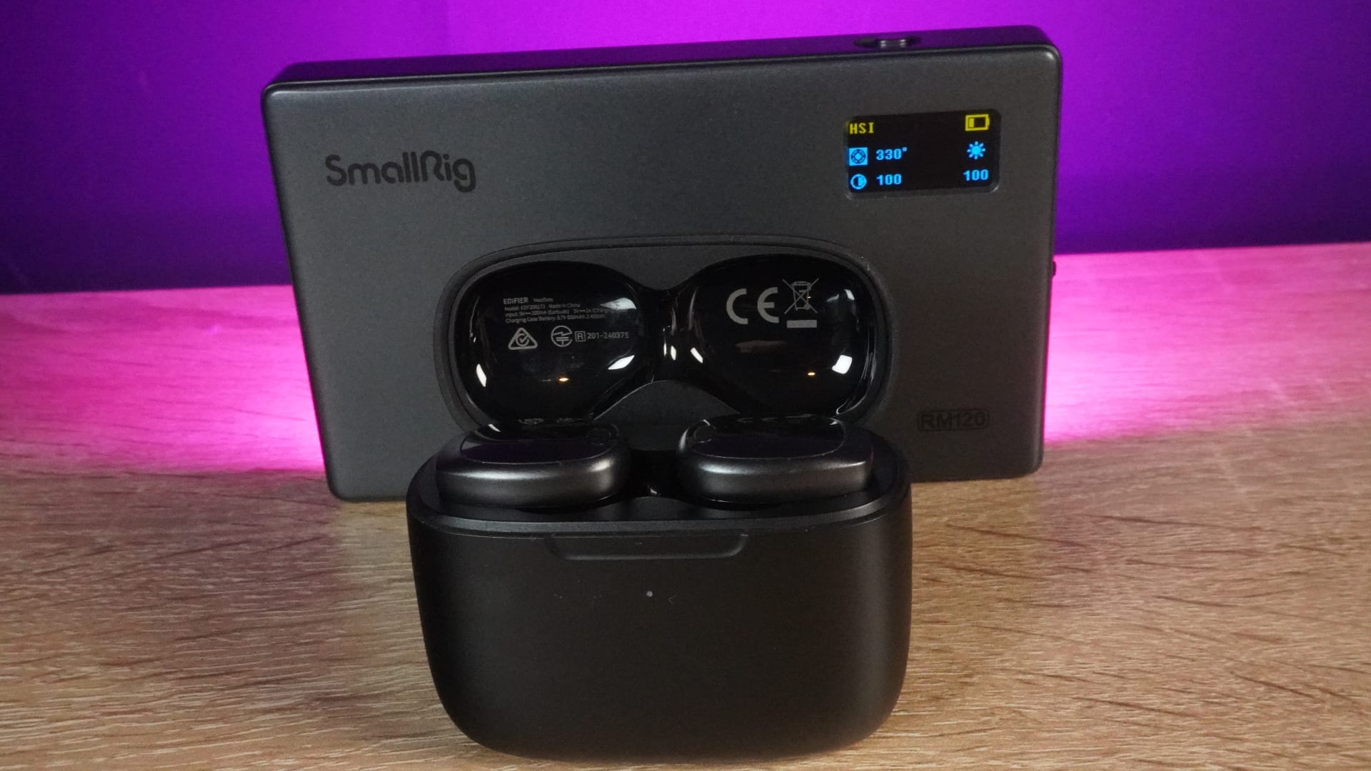 The Edifier NeoDots in front of a SmallRig lightbox.